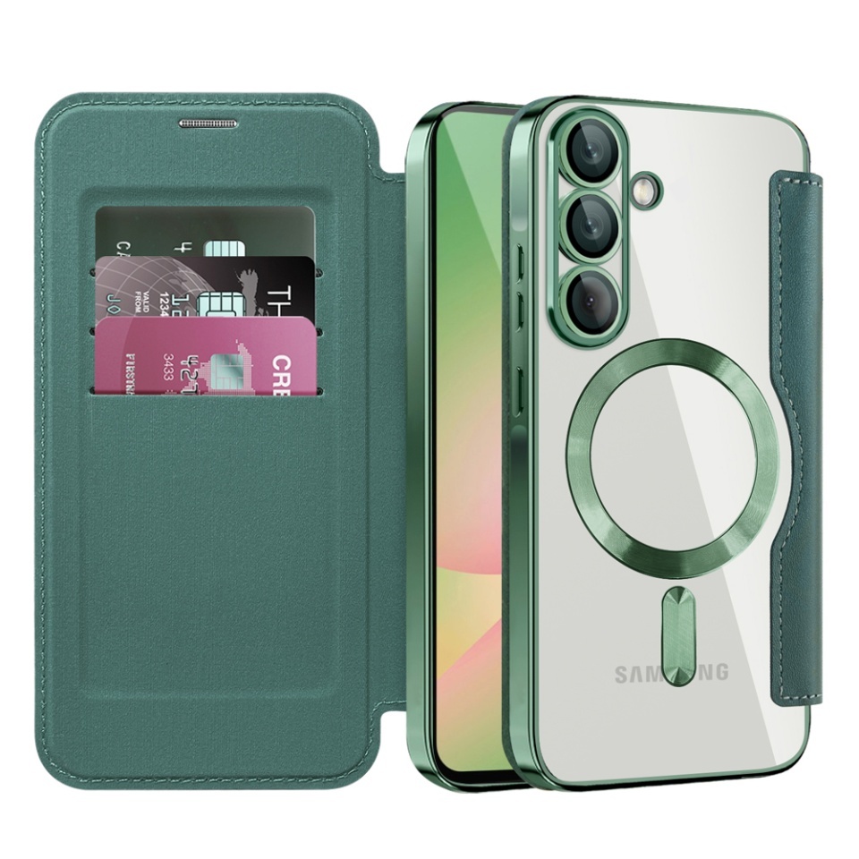 Husa pentru Samsung Galaxy A56 5G tip carte, SKYDDAR INOVATION, SmartMag Book, Magsafe, RFiD, Suport Carduri, set cu sticker, Verde