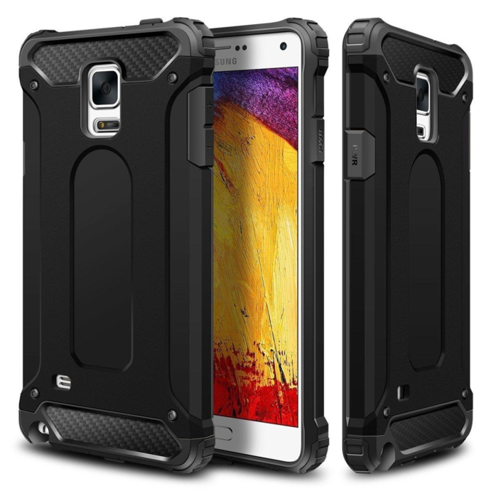 Husa pentru Samsung Galaxy Note 4 N910, SKYDDAR INNOVATION, Hybrid Armor, din Plastic Dur, Margini Cauciucate, Antisoc, set cu sticker, Negru