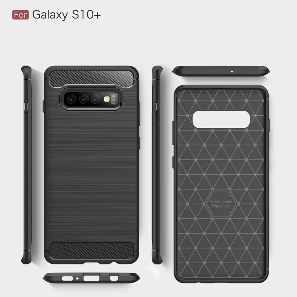 Husa pentru Samsung Galaxy S10 Plus, SKYDDAR INNOVATION, Carbon Silicone, din Silicon Slim, cu textura Fibra Carbon, set cu sticker, Negru - 6