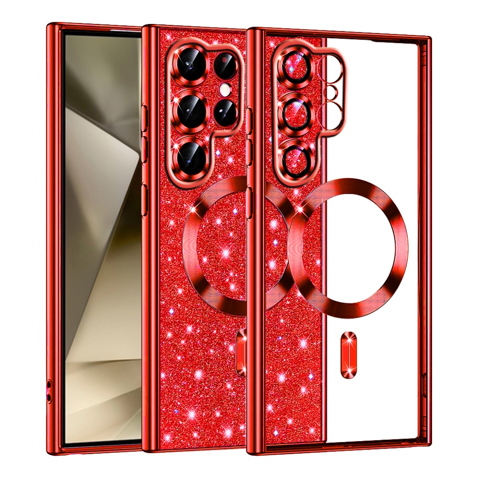Husa pentru Samsung Galaxy S22 Ultra 5G Design Antisoc, Fundal Detasabil 2-in-1, Protectie Superioara, Margini Ridicate, SKDR Glitter - Rosu