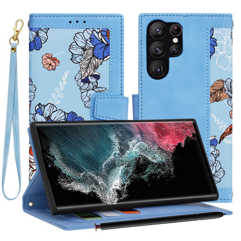 Husa pentru Samsung Galaxy S22 Ultra 5G din Piele Ecologică cu Design Floral, Protecție 360°, Stand Integrat, Buzunare pentru Carduri, SKDR Floral Wallet - Bleu