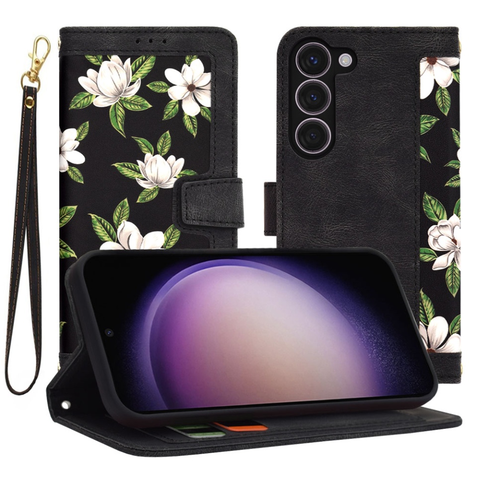Husa pentru Samsung Galaxy S23 din Piele Ecologică cu Design Floral, Protecție 360°, Stand Integrat, Buzunare pentru Carduri, SKDR Floral Wallet - Negru