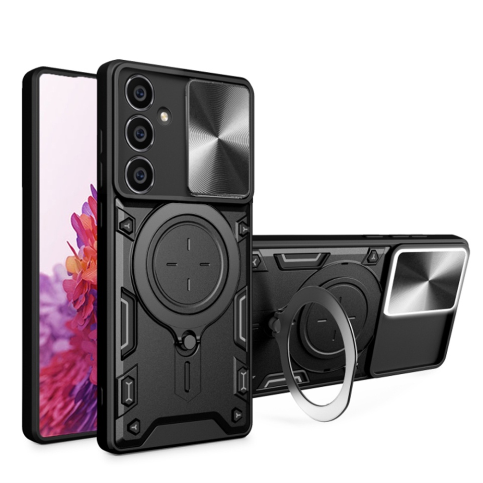 Husa pentru Samsung Galaxy S23 FE, cu inel magnetic si suport ajustabil, protecție completa camera, SKDR SafeCover - Negru