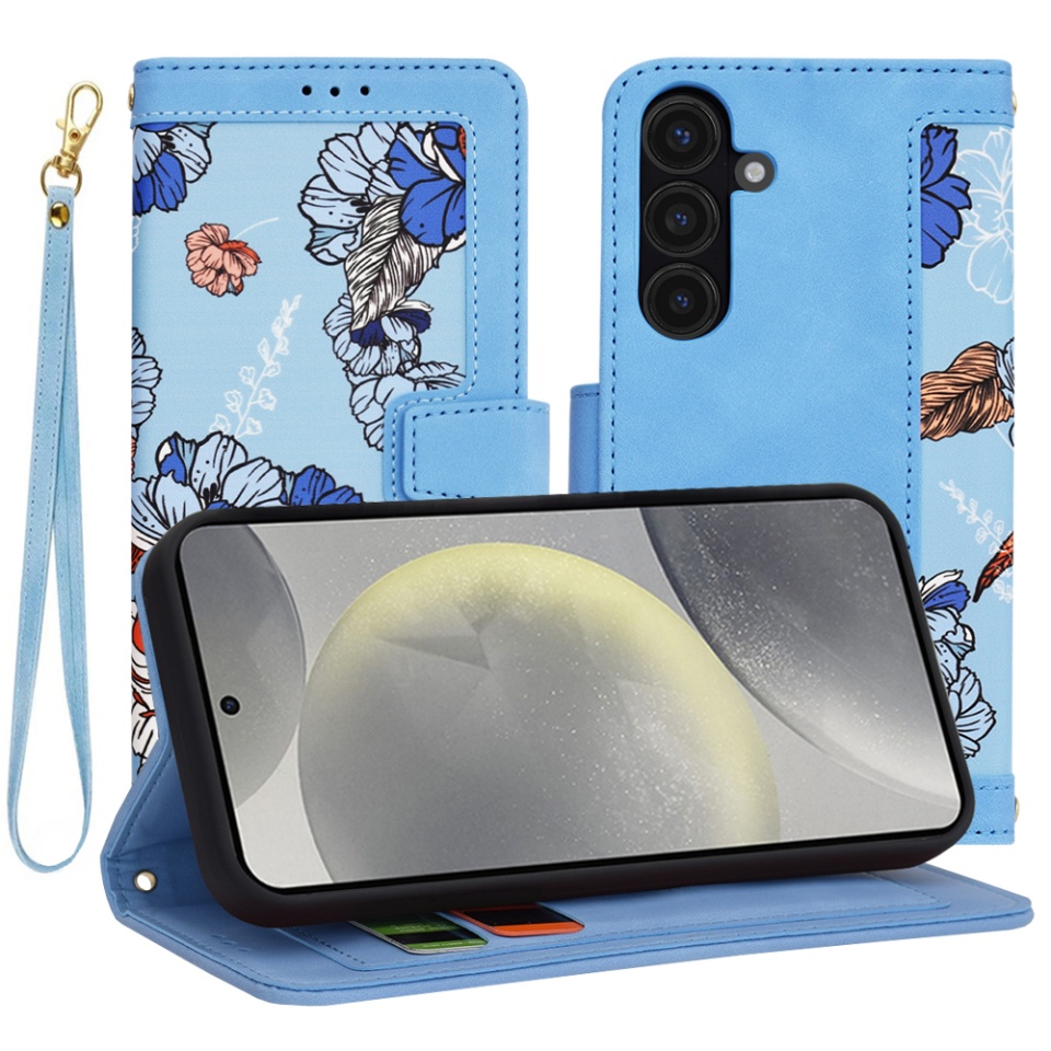 Husa pentru Samsung Galaxy S24 din Piele Ecologică cu Design Floral, Protecție 360°, Stand Integrat, Buzunare pentru Carduri, SKDR Floral Wallet - Bleu