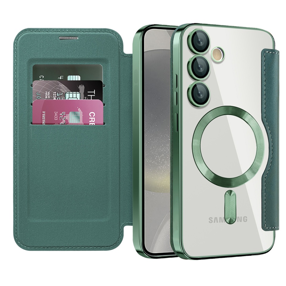 Husa pentru Samsung Galaxy S24 Plus tip carte, SKYDDAR INOVATION, SmartMag Book, Magsafe, RFiD, Suport Carduri, set cu sticker, Verde
