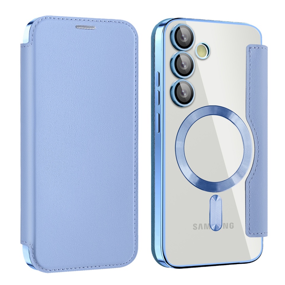 Husa pentru Samsung Galaxy S24 tip carte, SKYDDAR INOVATION, SmartMag Book, Magsafe, RFiD, Suport Carduri, set cu sticker, Bleu - 1 | YEO