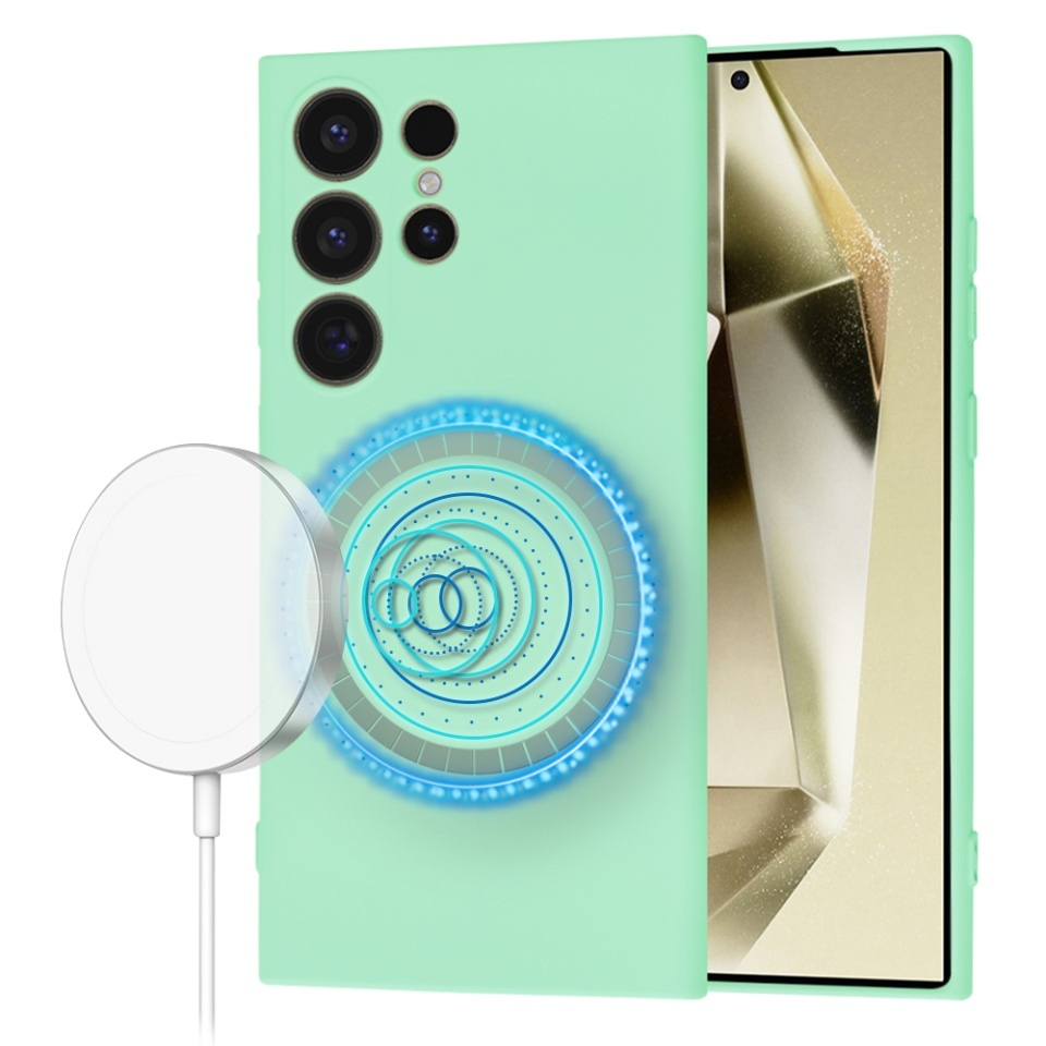 Husa pentru Samsung Galaxy S24 Ultra, SKYDDAR INNOVATION, din Silicon Catifelat, SoftFlex Magsafe, set cu sticker, Verde deschis