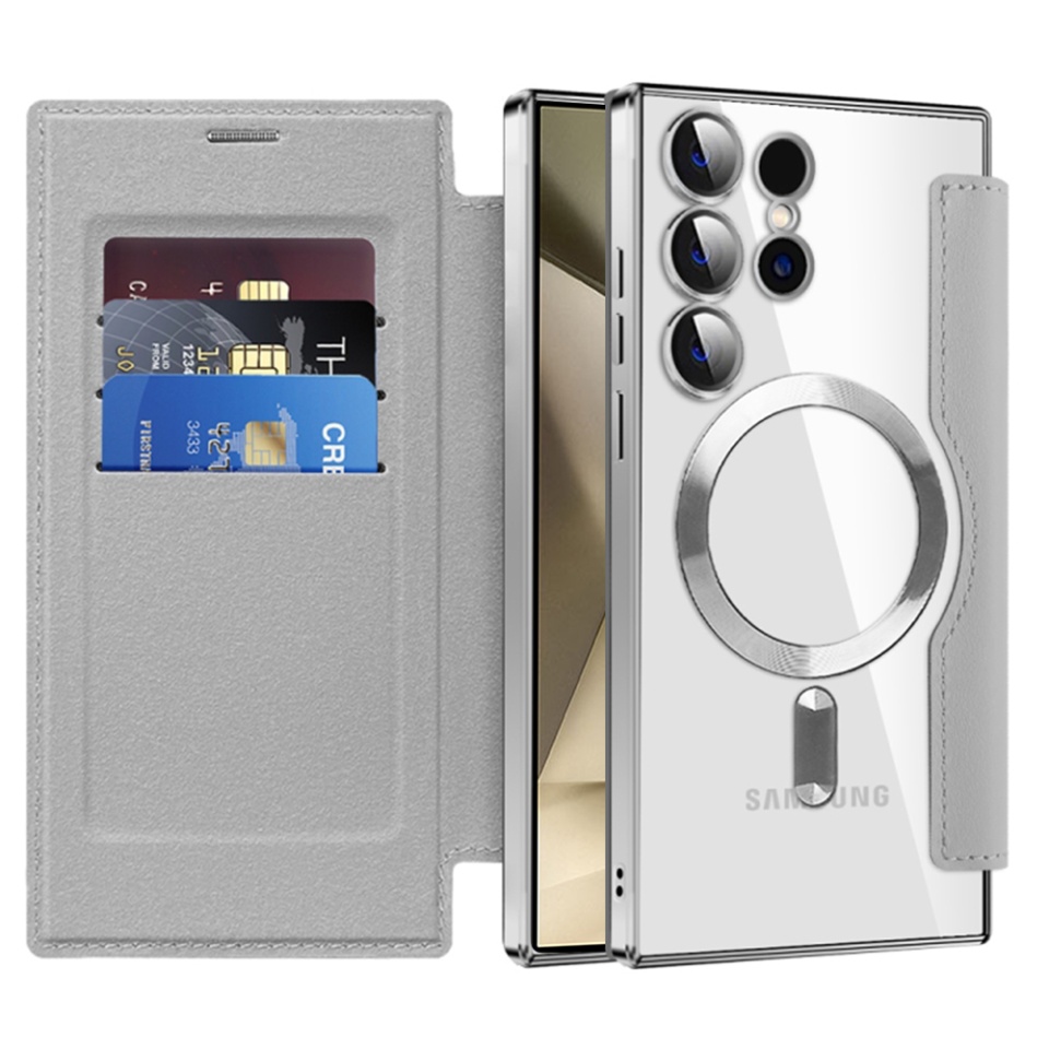 Husa pentru Samsung Galaxy S24 Ultra tip carte, SKYDDAR INOVATION, SmartMag Book, Magsafe, RFiD, Suport Carduri, set cu sticker, Gri