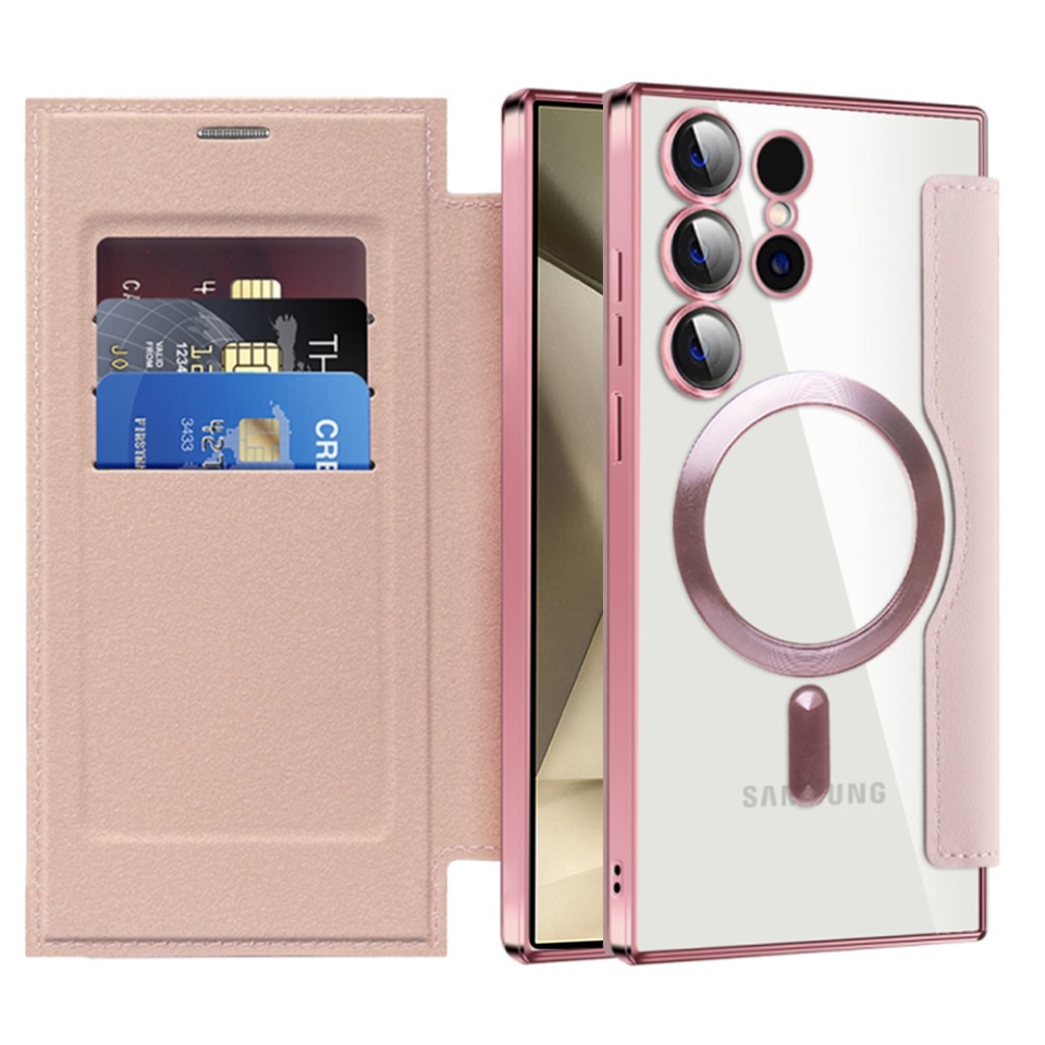 Husa pentru Samsung Galaxy S24 Ultra tip carte, SKYDDAR INOVATION, SmartMag Book, Magsafe, RFiD, Suport Carduri, set cu sticker, Roz