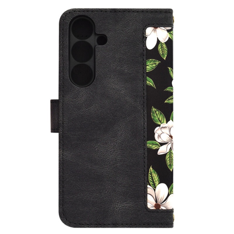 Husa pentru Samsung Galaxy S25 din Piele Ecologică cu Design Floral, Protecție 360°, Stand Integrat, Buzunare pentru Carduri, SKDR Floral Wallet - Negru - 2 | YEO