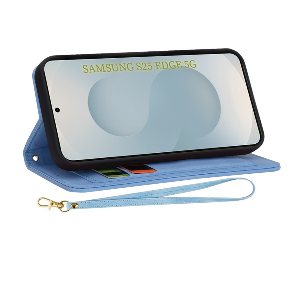 Husa pentru Samsung Galaxy S25 Edge, SKYDDAR INNOVATION, Floral Wallet, din Piele Ecologică cu Design Floral, Protecție 360°, Stand Integrat, Buzunare pentru Carduri, Bleu, set cu sticker - 3 | YEO
