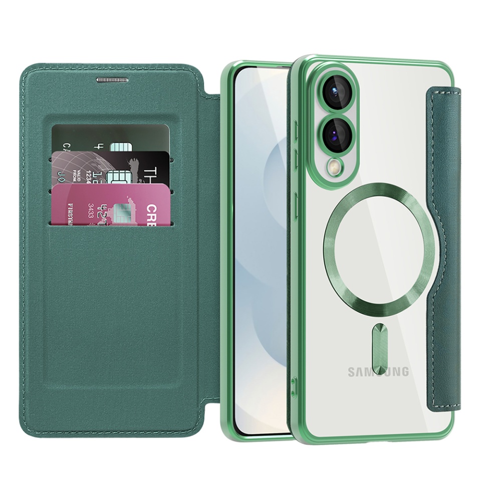 Husa pentru Samsung Galaxy S25 Edge tip carte, SKYDDAR INOVATION, SmartMag Book, Magsafe, RFiD, Suport Carduri, set cu sticker, Verde