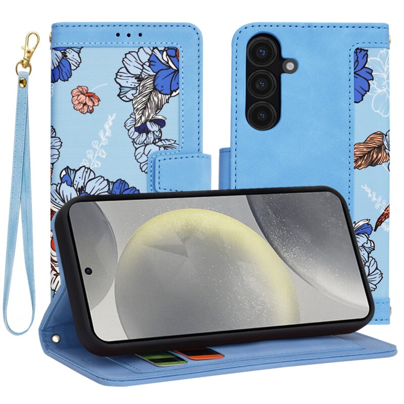 Husa pentru Samsung Galaxy S25 Plus din Piele Ecologică cu Design Floral, Protecție 360°, Stand Integrat, Buzunare pentru Carduri, SKDR Floral Wallet - Bleu