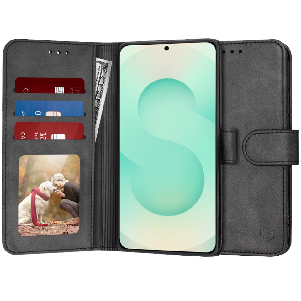 Husa pentru Samsung Galaxy S25 Plus, SKYDDAR INNOVATION, Diary Book, tip carte, cu Portofel Interior, Antisoc, Negru, set cu sticker