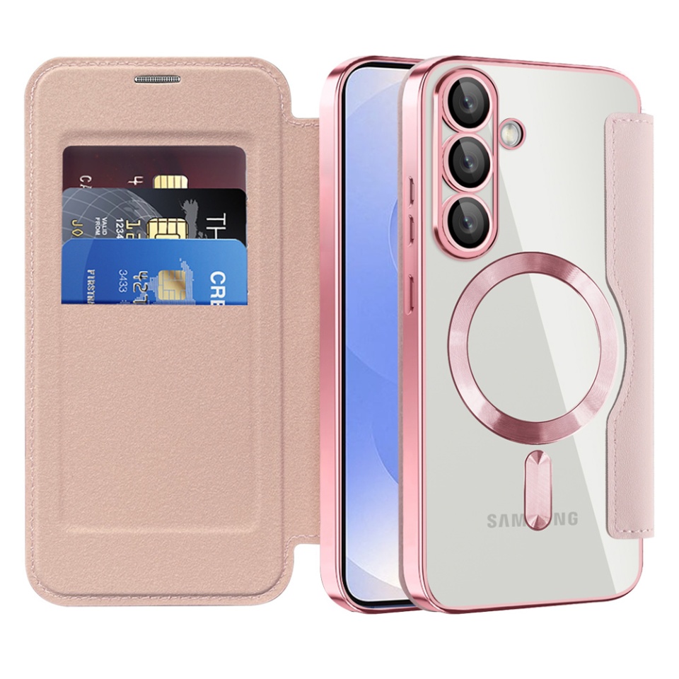 Husa pentru Samsung Galaxy S25 tip carte, SKYDDAR INOVATION, SmartMag Book, Magsafe, RFiD, Suport Carduri, set cu sticker, Roz