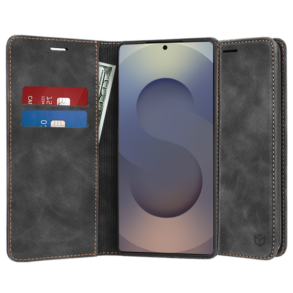 Husa pentru Samsung Galaxy S25 Ultra, SKYDDAR INNOVATION, Soft Wallet, tip Carte din piele Eco Premium, cu Portofel Interior, Negru, set cu sticker