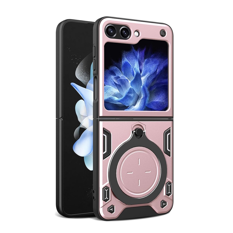 Husa pentru Samsung Galaxy Z Flip5, SKYDDAR INNOVATION, CamGuard Pro, Inel Magnetic, Protectie Camera, set cu sticker, Roz auriu
