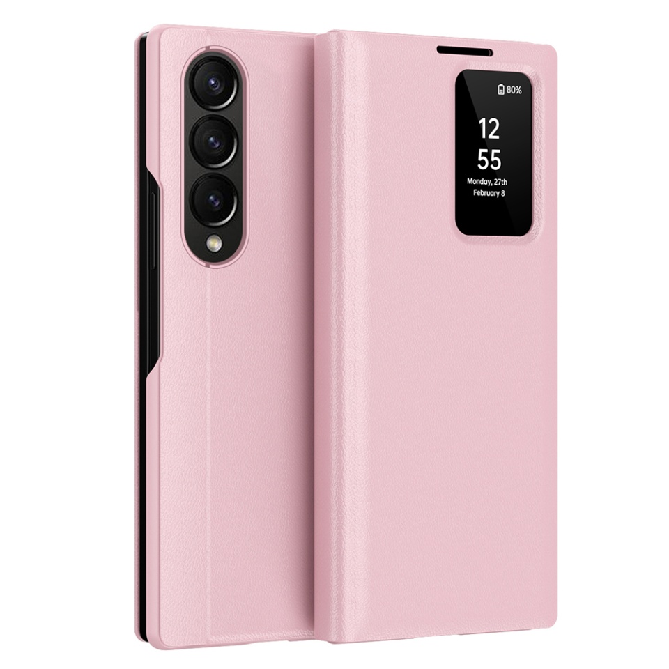 Husa pentru Samsung Galaxy Z Fold4 tip carte, Skyddar, cu portofel si SmartView, Premium, set cu sticker, Roz