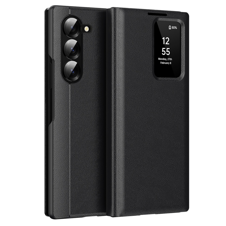 Husa pentru Samsung Galaxy Z Fold5 tip carte, Skyddar, cu portofel si SmartView, Premium, set cu sticker, Negru