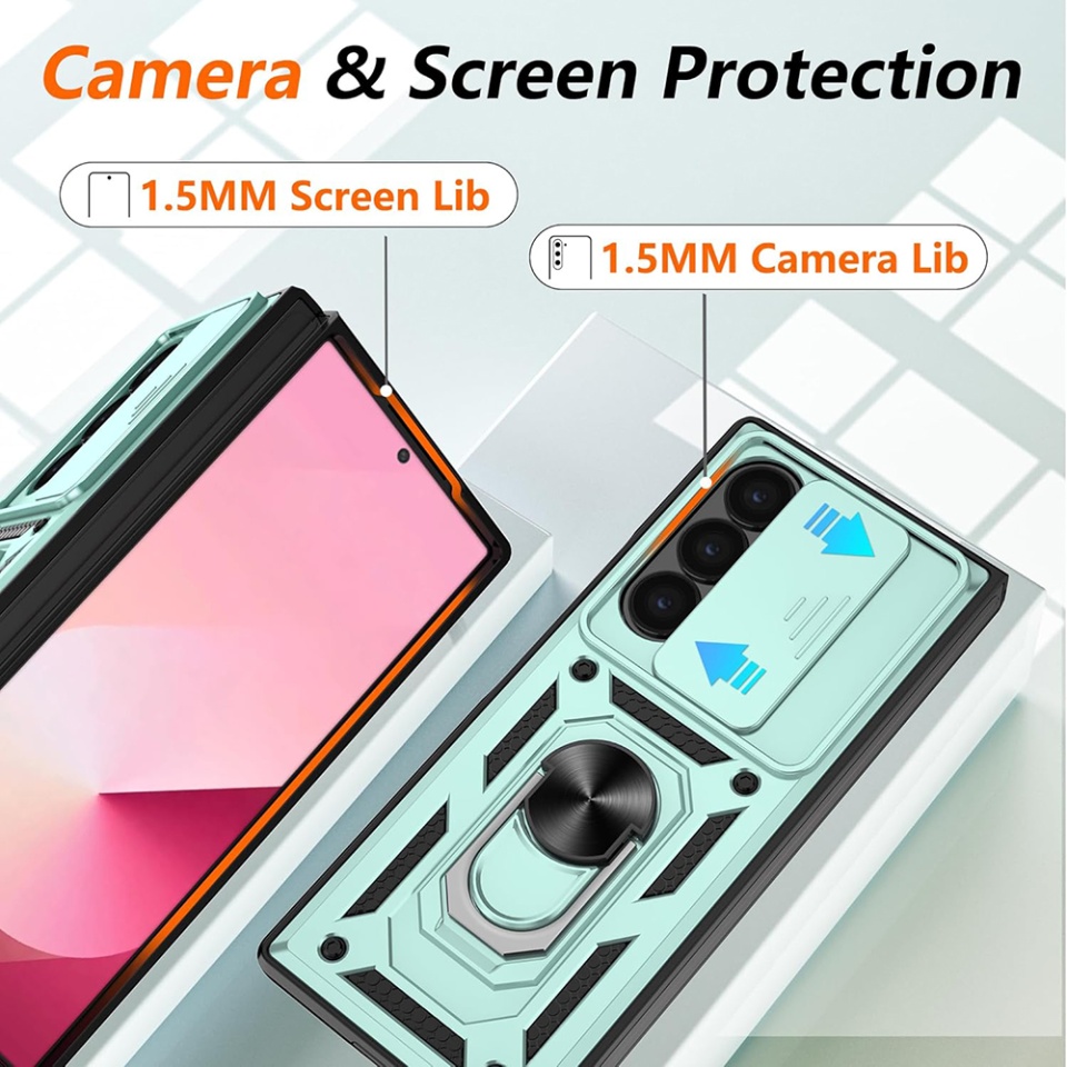 Husa pentru Samsung Galaxy Z Fold6, SKYDDAR INNOVATION, CamShield, Inel magnetic, set cu sticker, Verde - 1 | YEO