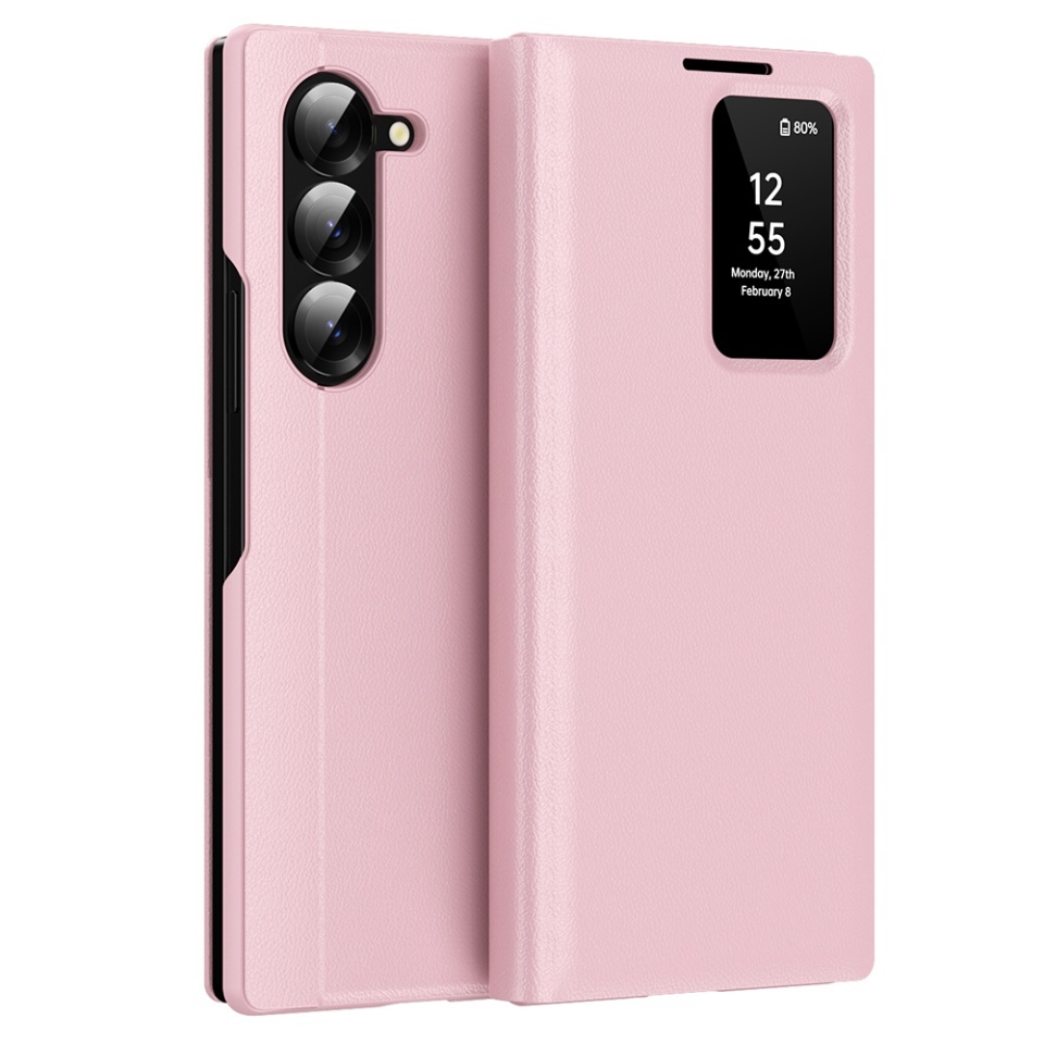 Husa pentru Samsung Galaxy Z Fold6 tip carte, Skyddar, cu portofel si SmartView, Premium, set cu sticker, Roz