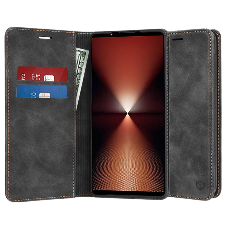 Husa pentru Sony Xperia 1 VI, SKYDDAR INNOVATION, Soft Wallet, tip Carte din piele Eco Premium, cu Portofel Interior, Negru, set cu sticker