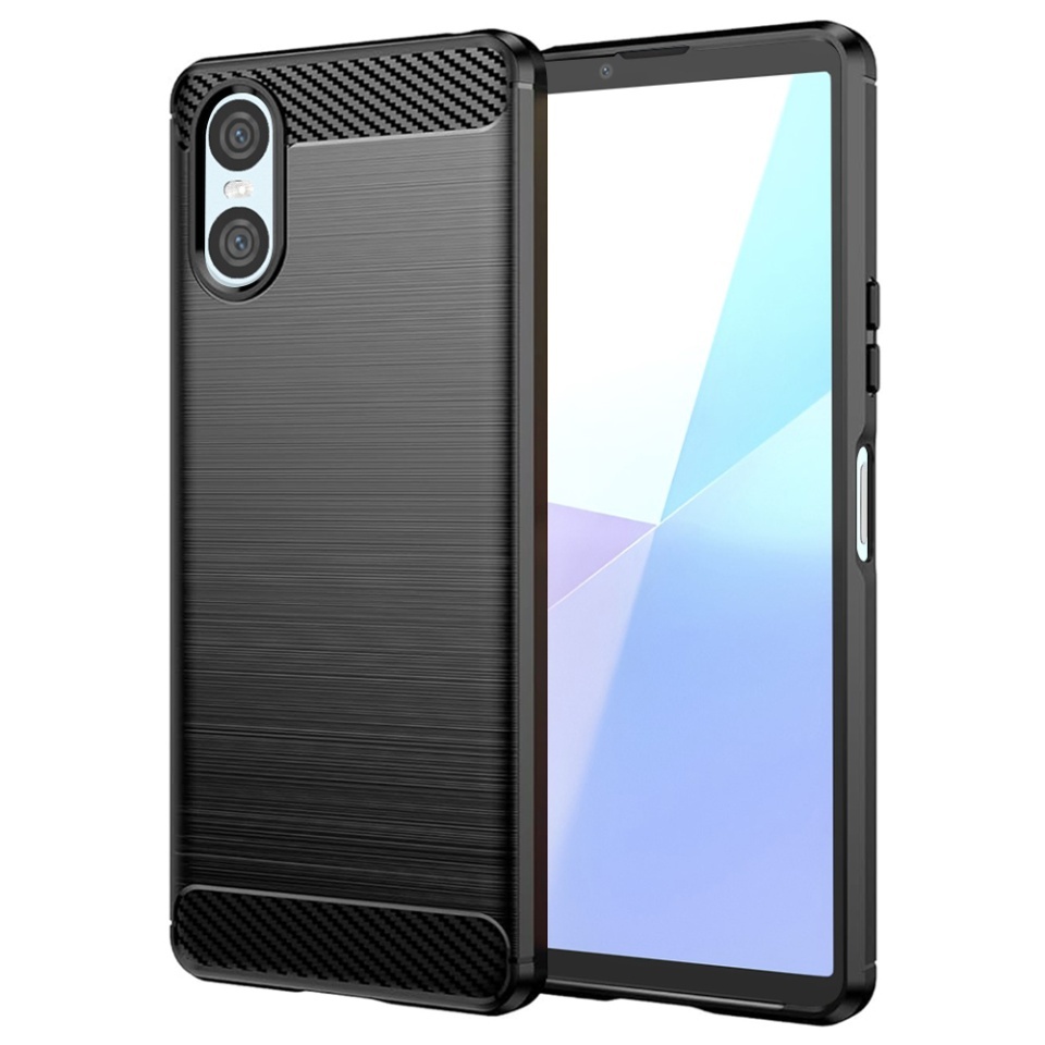 Husa pentru Sony Xperia 10 VI, SKYDDAR INNOVATION, Carbon Silicone, din Silicon Slim, cu textura Fibra Carbon, set cu sticker, Negru