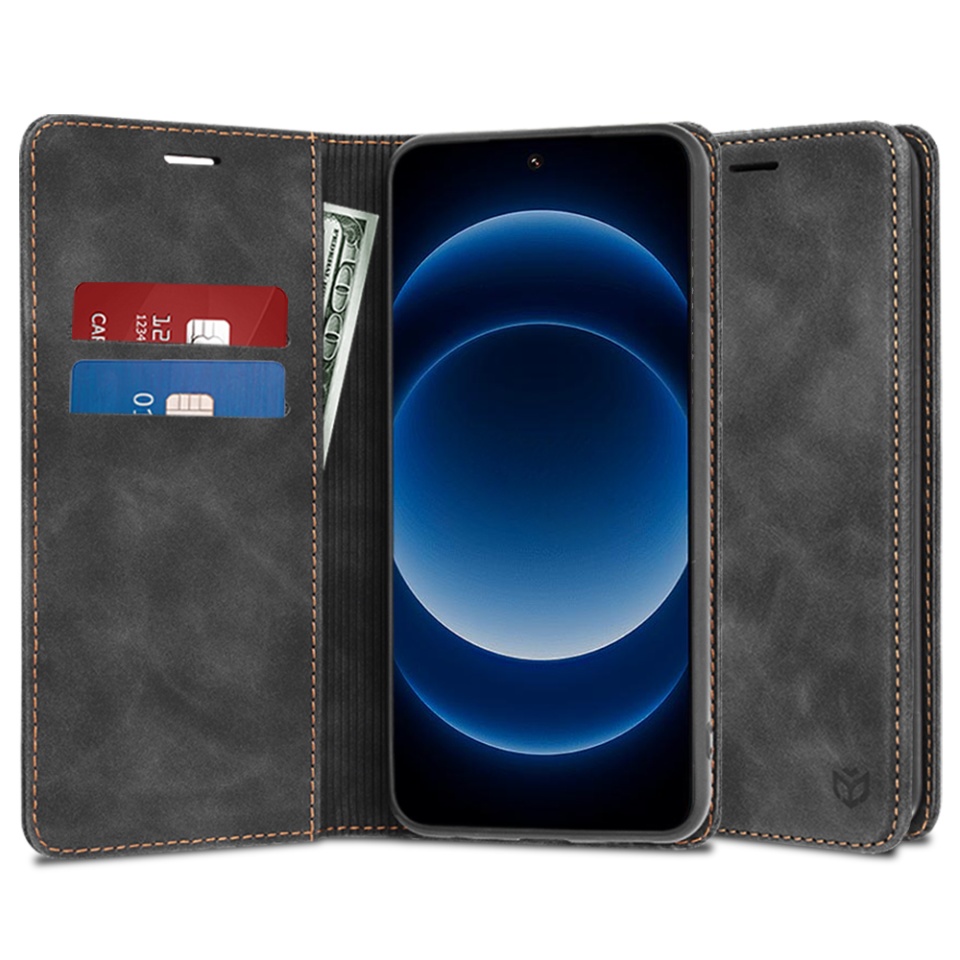 Husa pentru Xiaomi 14 Ultra, SKYDDAR INNOVATION, Soft Wallet, tip Carte din piele Eco Premium, cu Portofel Interior, Negru, set cu sticker