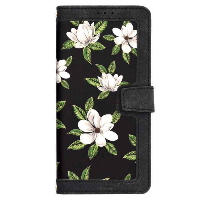 Husa pentru Xiaomi 14T Pro din Piele Ecologică cu Design Floral, Protecție 360°, Stand Integrat, Buzunare pentru Carduri, SKDR Floral Wallet - Negru - 1 | YEO