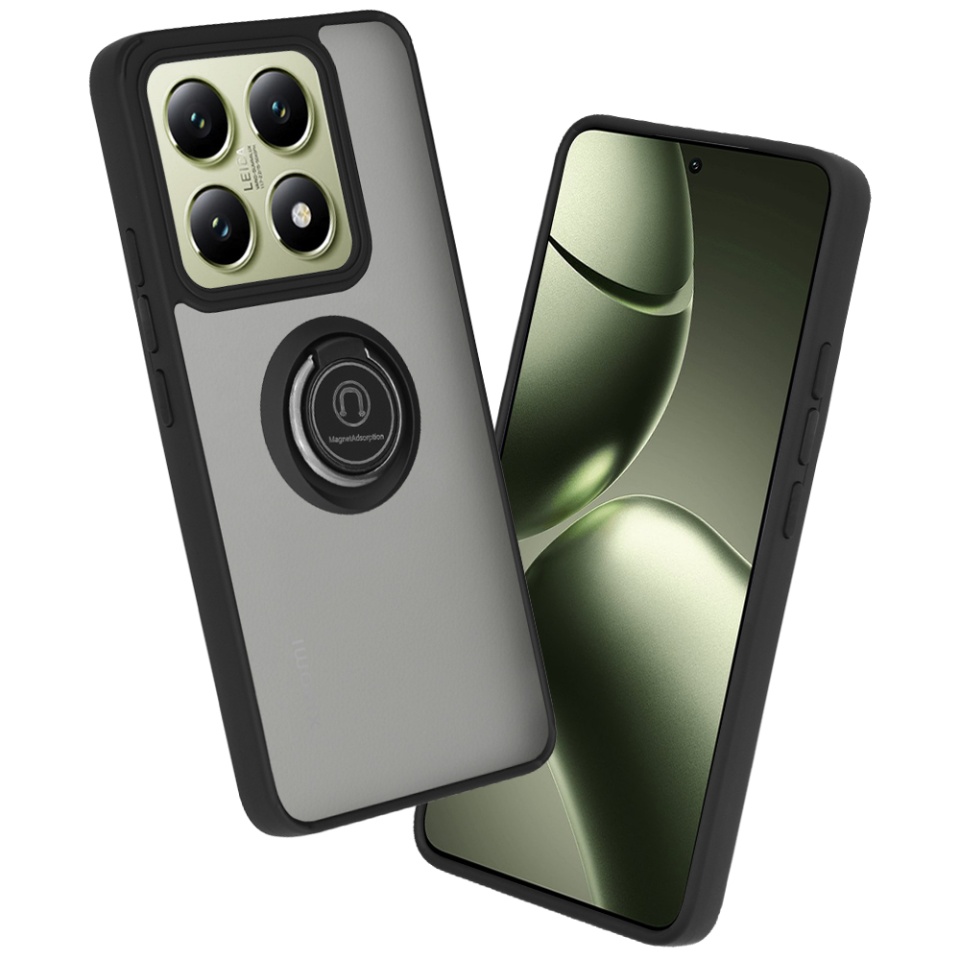 Husa pentru Xiaomi 14T, SKYDDAR INNOVATION, Glinth cu Inel Rotativ 360° Magnetic, Negru, set cu sticker