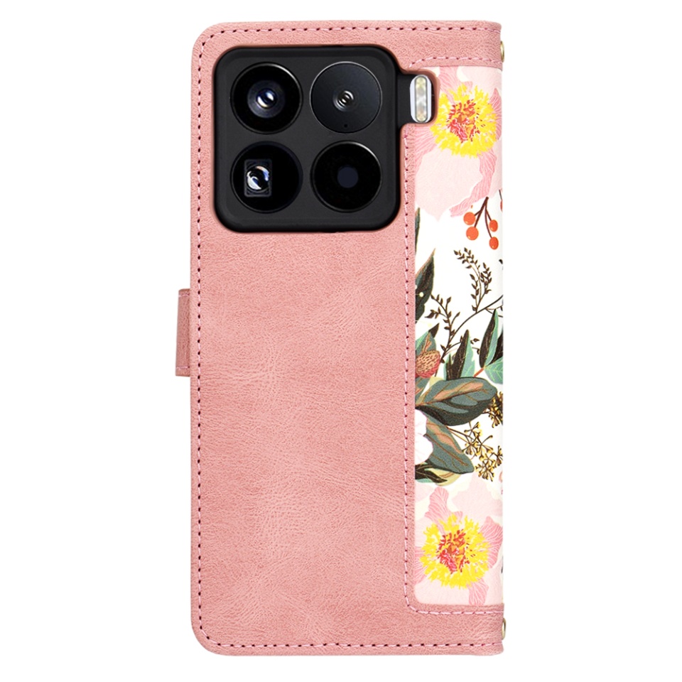 Husa pentru Xiaomi 15 Pro din Piele Ecologică cu Design Floral, Protecție 360°, Stand Integrat, Buzunare pentru Carduri, SKDR Floral Wallet - Roz - 2 | YEO