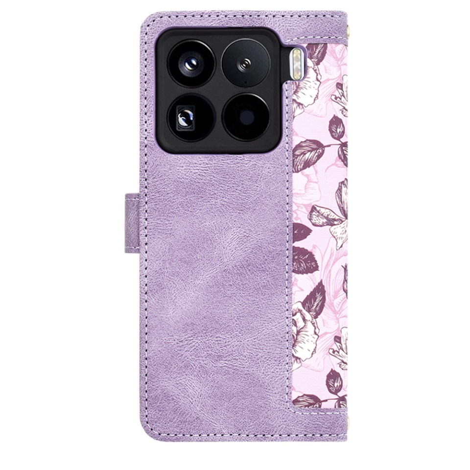 Husa pentru Xiaomi 15 Pro din Piele Ecologică cu Design Floral, Protecție 360°, Stand Integrat, Buzunare pentru Carduri, SKDR Floral Wallet - Mov - 2 | YEO