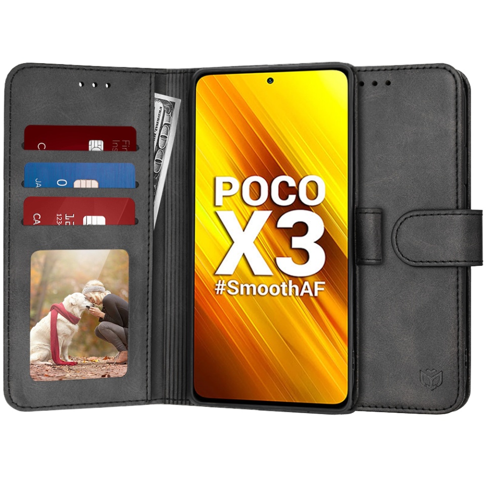 Husa pentru Xiaomi Poco X3 Pro / Poco X3 NFC / Poco X3, SKYDDAR INNOVATION, Diary Book, tip carte, cu Portofel Interior, Antisoc, Negru, set cu sticker