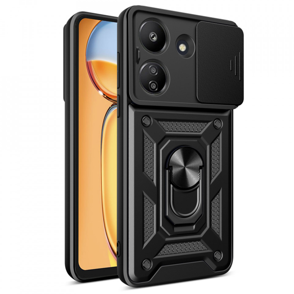 Husa pentru Xiaomi Redmi 13C 4G / Poco C65 cu inel magnetic si protectie la camera, Skyddar CamShield - Negru