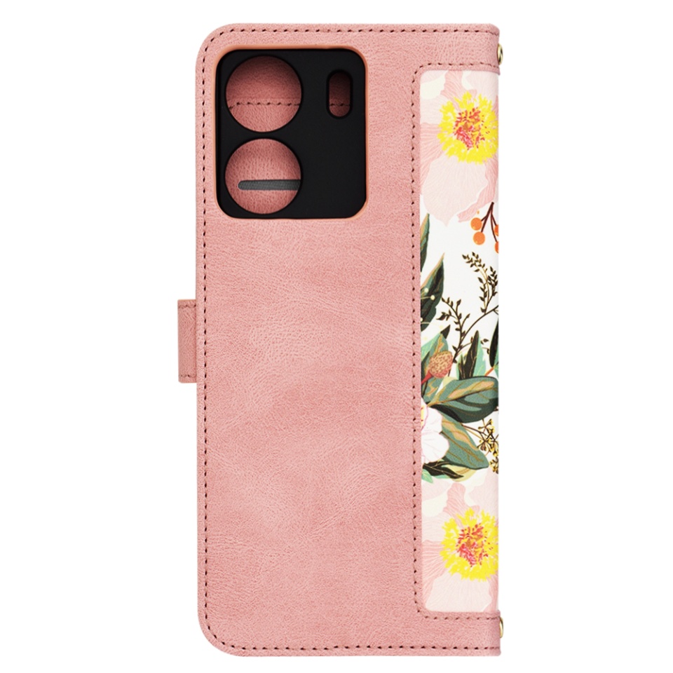 Husa pentru Xiaomi Redmi 13C 4G / Poco C65 din Piele Ecologică cu Design Floral, Protecție 360°, Stand Integrat, Buzunare pentru Carduri, SKDR Floral Wallet - Roz - 3 | YEO