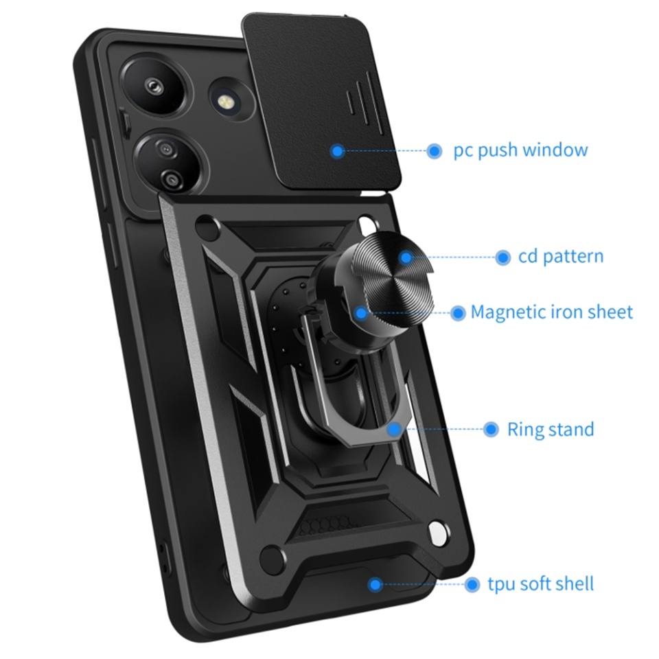 Husa pentru Xiaomi Redmi 13C 4G / Poco C65, SKYDDAR INNOVATION, CamShield, Inel magnetic, set cu sticker, Negru - 3 | YEO
