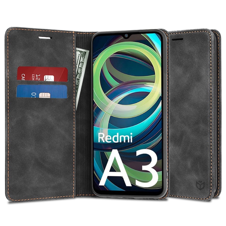Husa pentru Xiaomi Redmi A3 / Redmi A3x, SKYDDAR INNOVATION, Soft Wallet, tip Carte din piele Eco Premium, cu Portofel Interior, Negru, set cu sticker