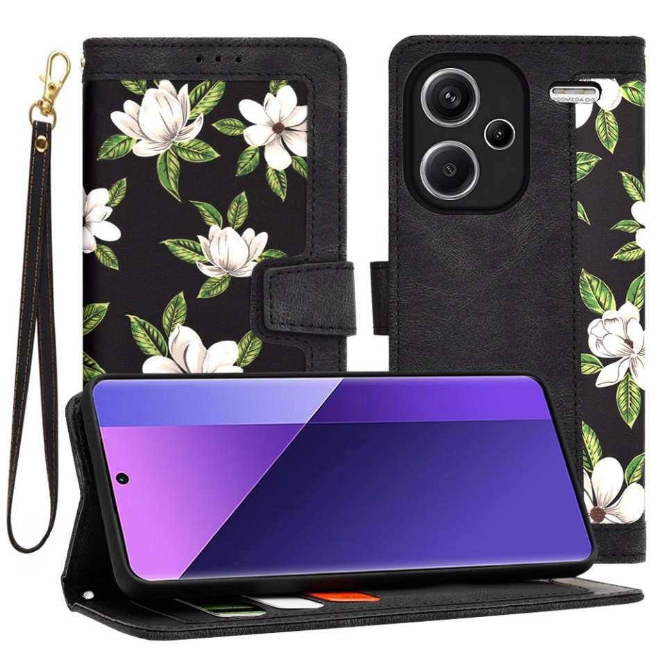 Husa pentru Xiaomi Redmi Note 13 Pro+ 5G din Piele Ecologică cu Design Floral, Protecție 360°, Stand Integrat, Buzunare pentru Carduri, SKDR Floral Wallet - Negru