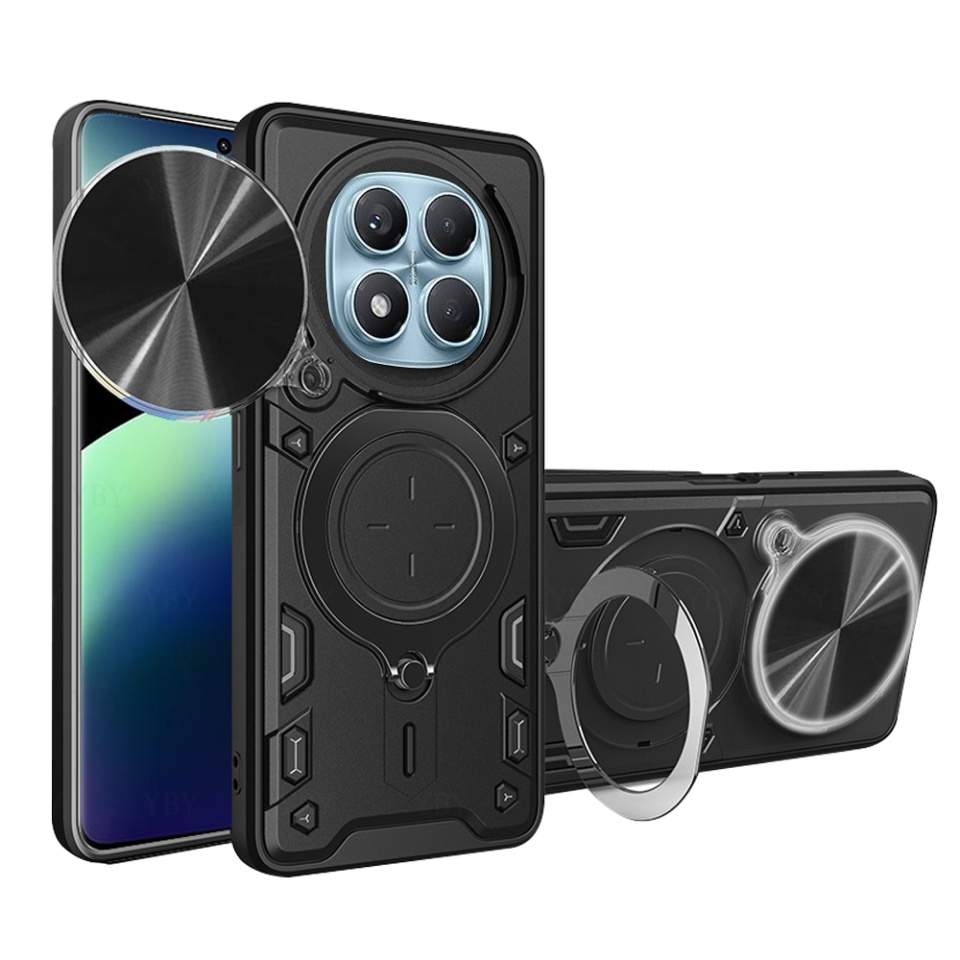 Husa pentru Xiaomi Redmi Note 14 Pro 4G / Poco F7, cu inel magnetic si suport ajustabil, protectie completa camera, SafeCover cu sticker - Negru