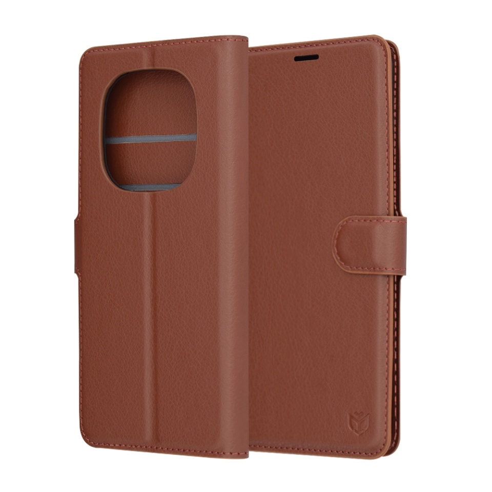 Husa pentru Xiaomi Redmi Note 14 Pro 4G / Poco F7, SKYDDAR INNOVATION, Leather Wallet, tip Carte cu Portofel Interior, Finisaje Premium, set cu sticker, Maro