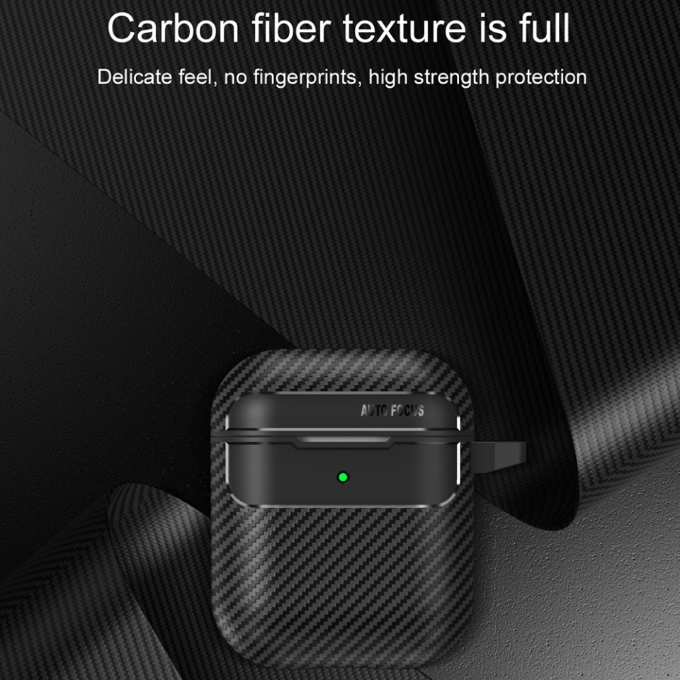 Husa Protectie pentru AirPods 1 / 2, din Fibra de Carbon, cu Breloc Carabina, Incarcare Wireless, EarSafe - Negru - 3 | YEO
