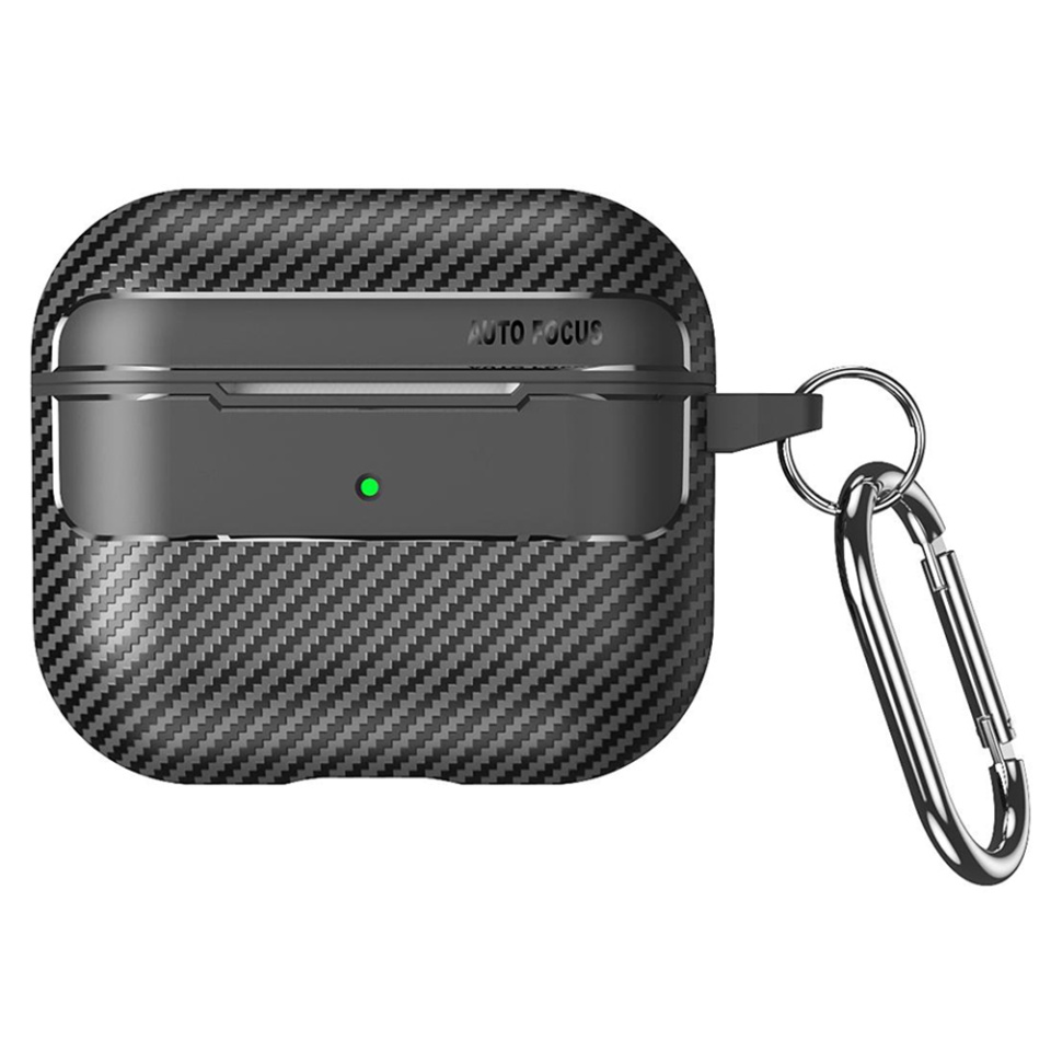Husa Protectie pentru AirPods 3, din Fibra de Carbon, cu Breloc Carabina, Incarcare Wireless, EarSafe - Negru