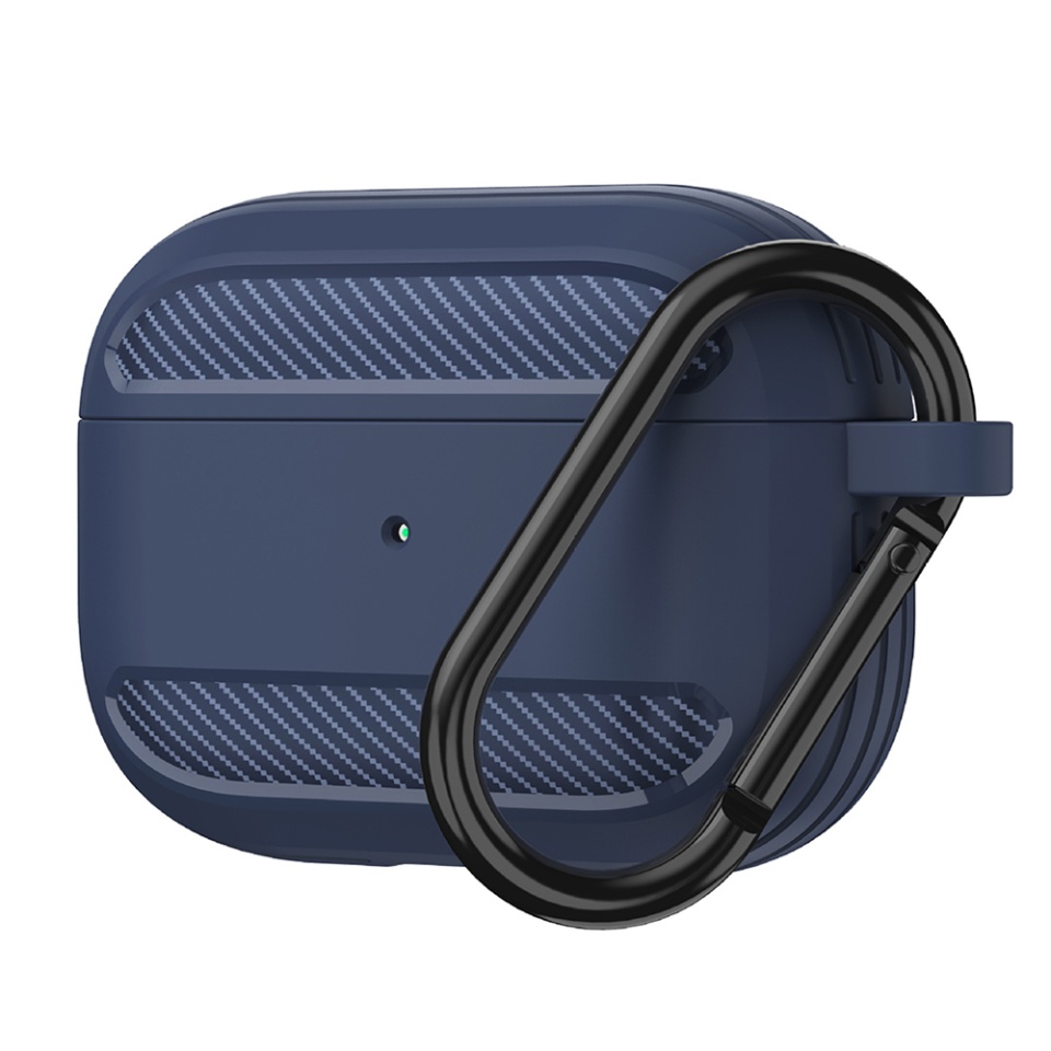 Husa Protectie pentru AirPods Pro 1 / AirPods Pro 2, din Fibra de Carbon Silicon, cu Breloc Carabina, Incarcare Wireless, EarSafe - Albastru