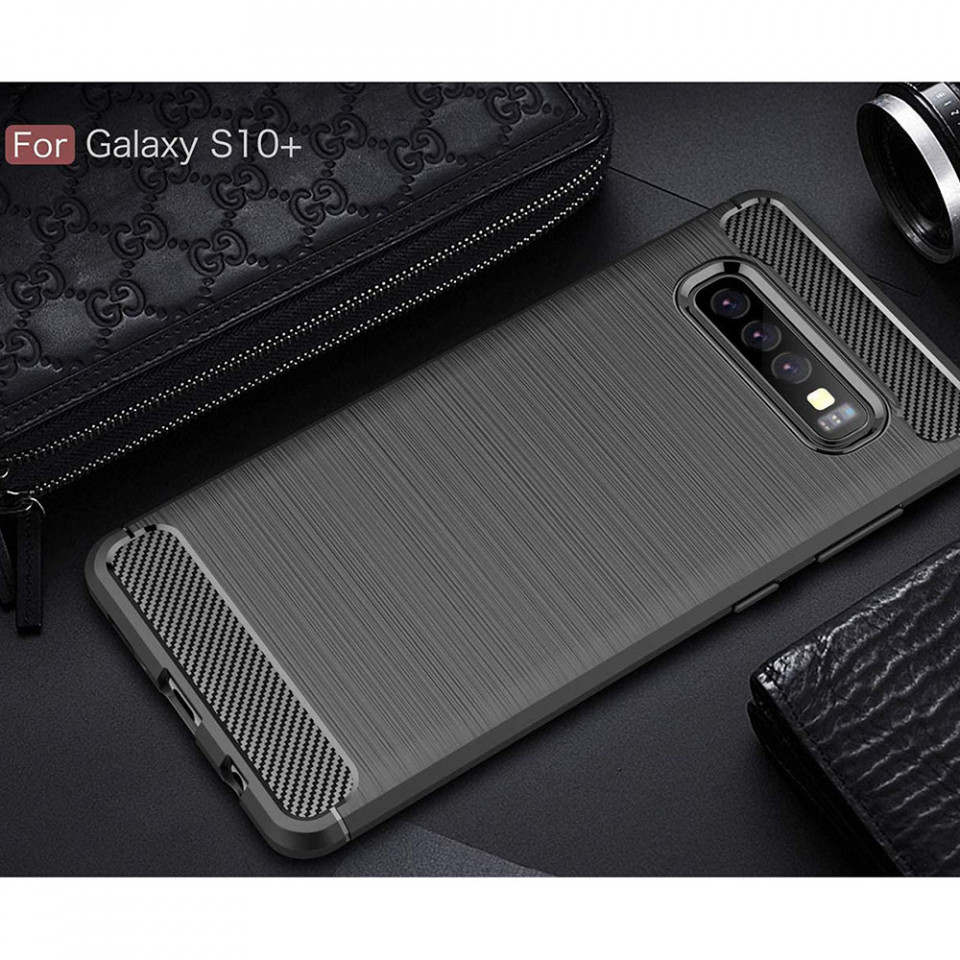 Husa Samsung Galaxy S10 Plus din silicon, Slim, cu textura Fibra Carbon - Negru - 2 | YEO