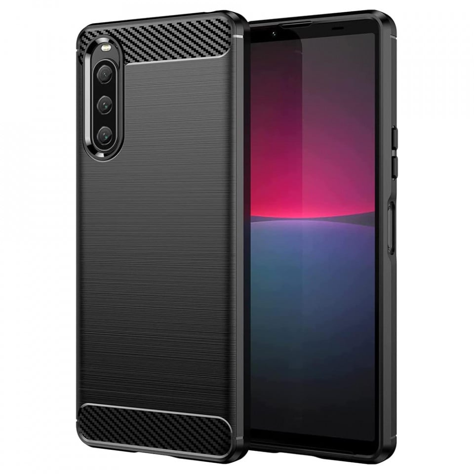 Husa Sony Xperia 10 V din silicon, Slim, cu textură Fibra Carbon - Negru