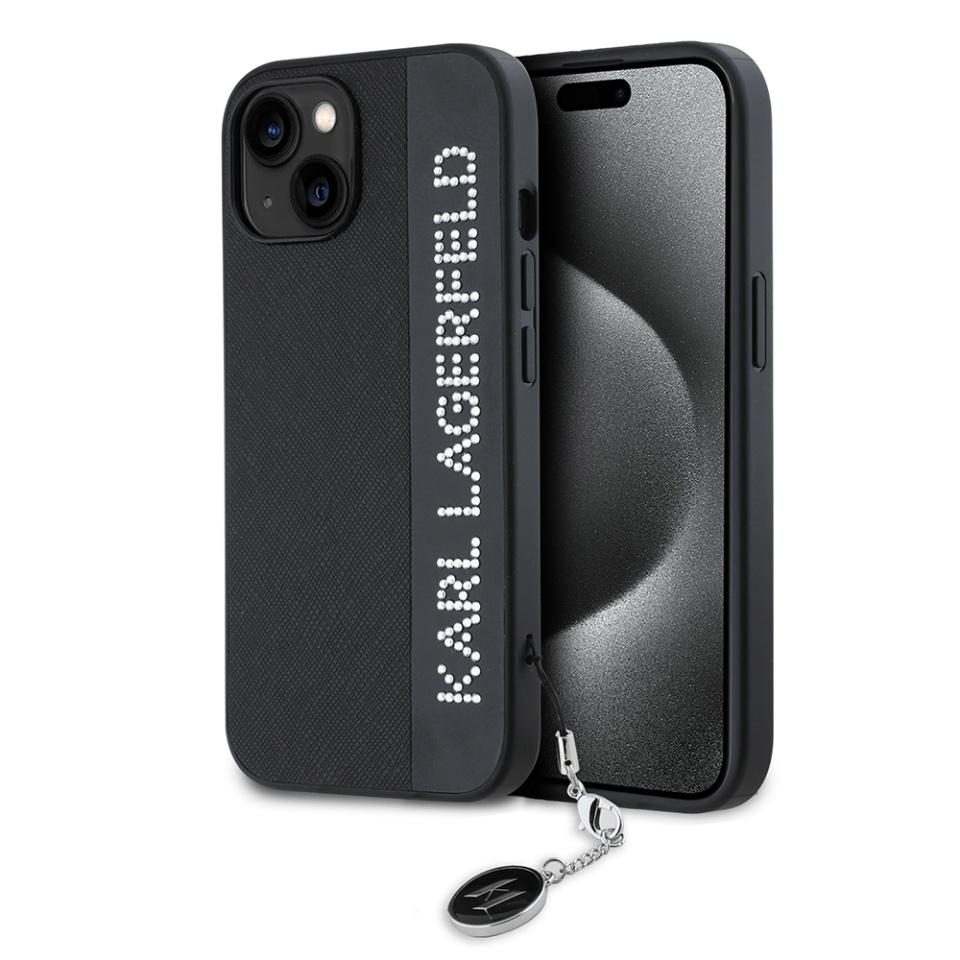 Huse pentru iPhone 15, Karl Lagerfeld, Saffiano Rhinestones&Charm, Negru