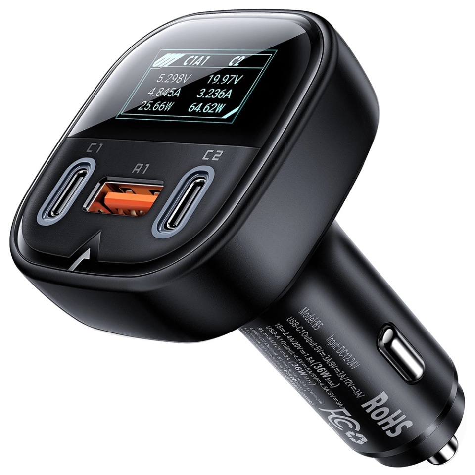 Incarcator Auto 101W, 2x Type-C + 1x USB, Fast Charging, OLED Display, Corp Metalic Zinc, Acefast B5, Negru