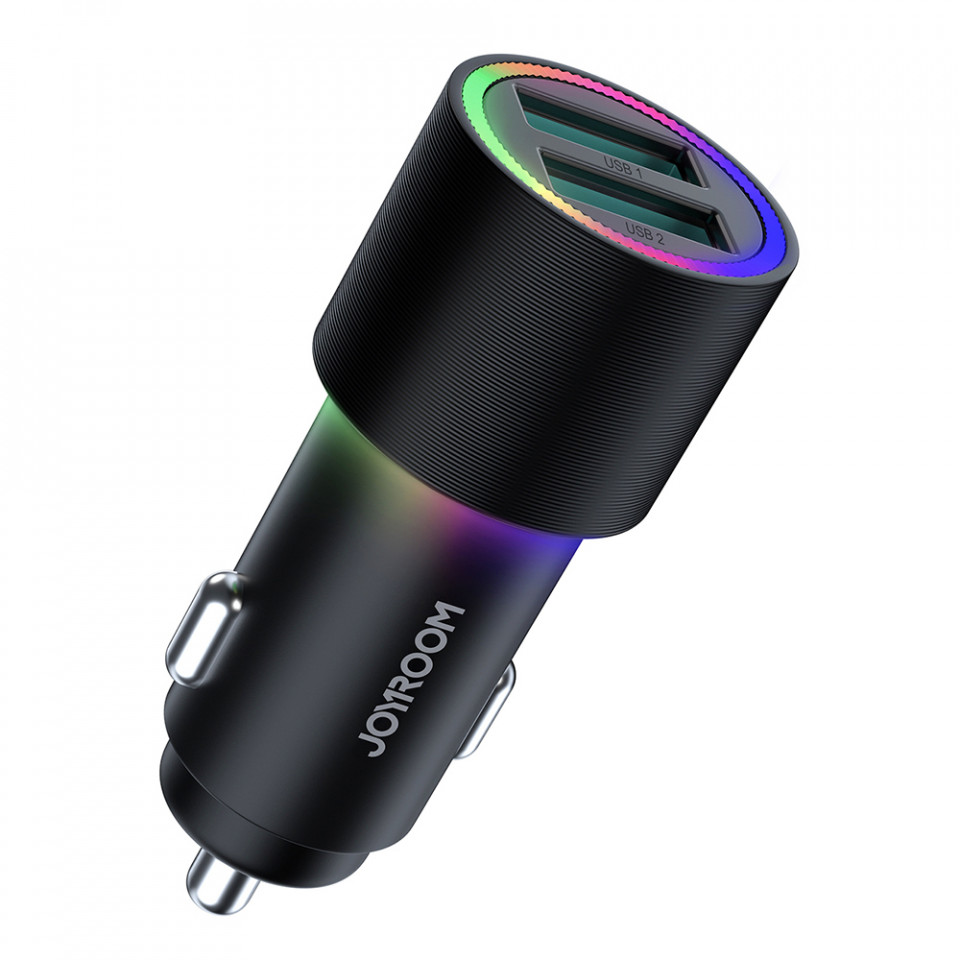 Incarcator auto 2x USB, 24W, 4.8A, Led RGB, JoyRoom - Negru