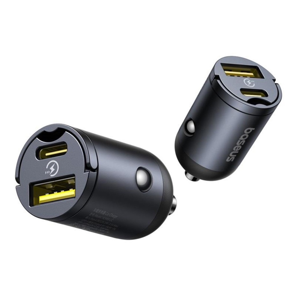 Incarcator Auto 30W, 1X Type-C, 1x USB-A, desing mini, inel de prindere, 12V la 24V, Baseus Tiny Star Mini, Negru - 1 | YEO