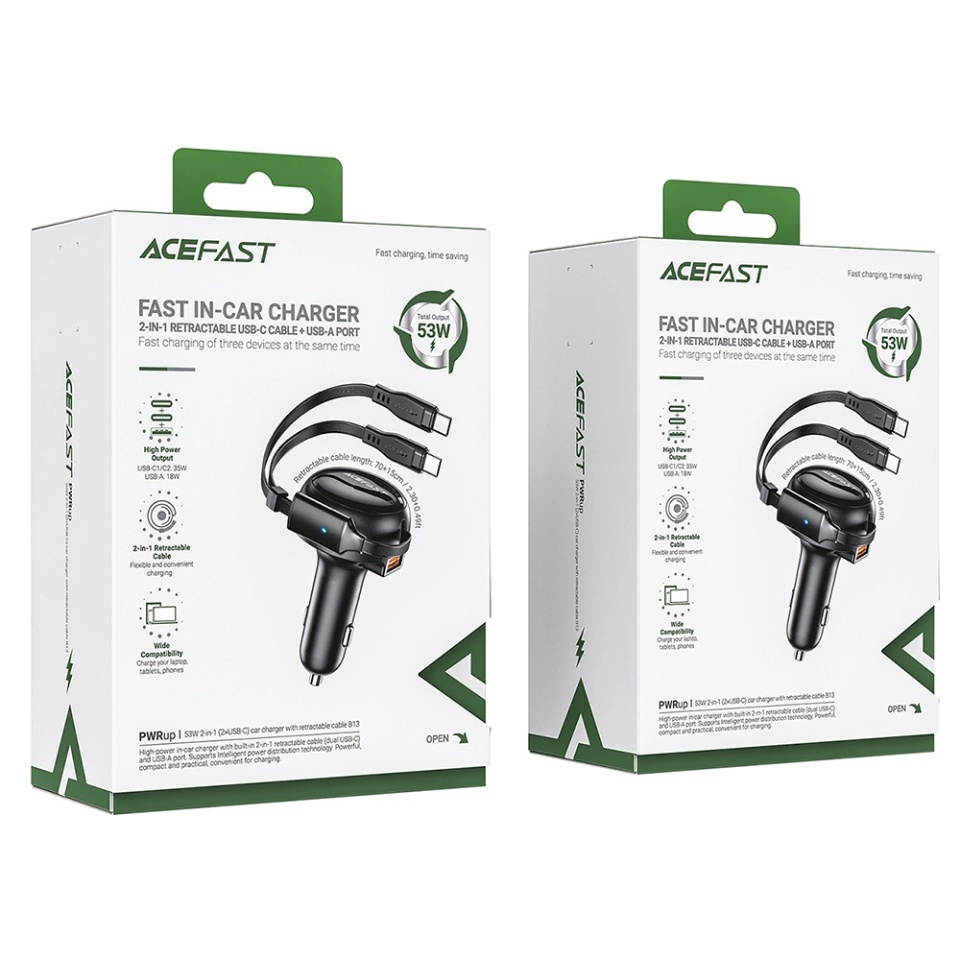 Incarcator Auto 53W, 2x Type-C + 1x USB, Cablu Retractabil 70+15cm, Fast Charging, Acefast B13, Negru - 8